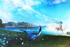 Hatsune Miku, Vocaloid, Birds, Train, Sea, Running, Flowers