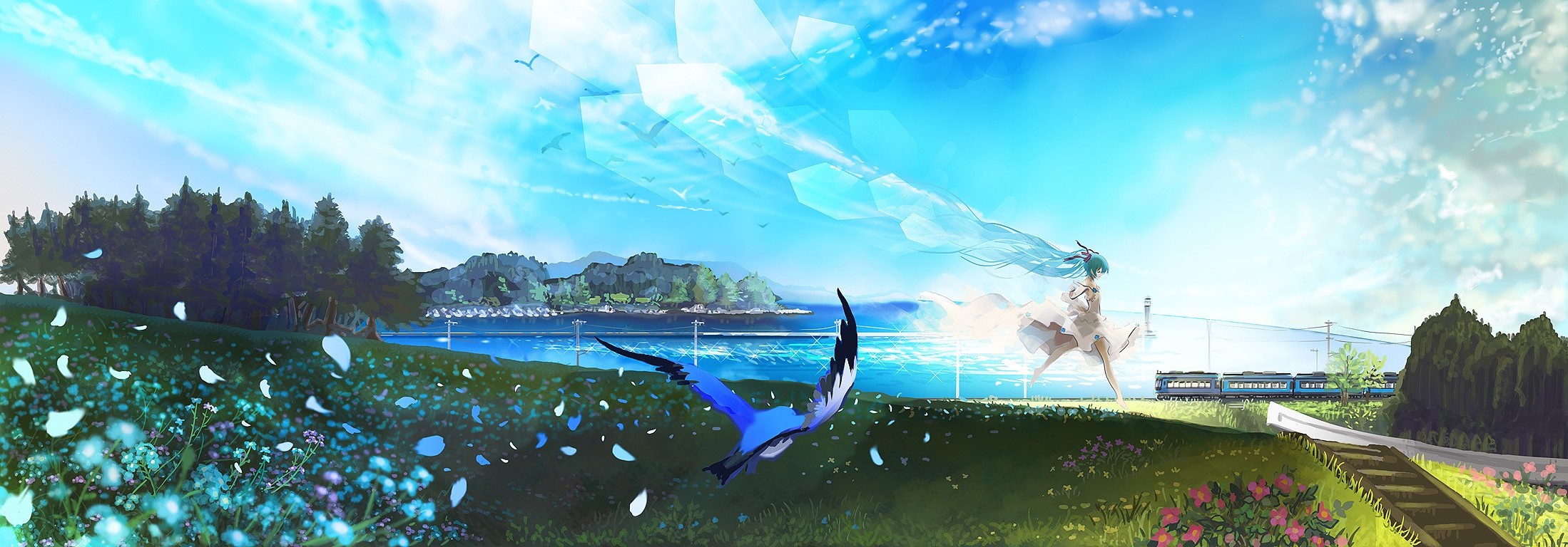 Hatsune Miku, Vocaloid, Birds, Train, Sea, Running, Flowers Wallpaper