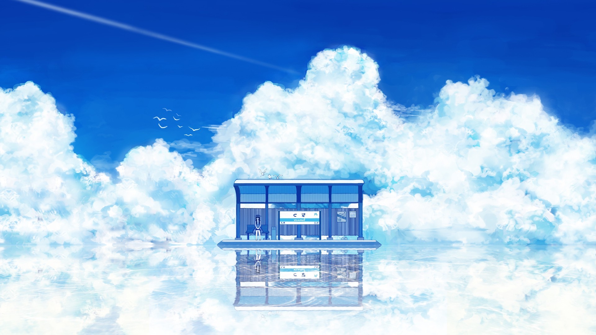clouds, Train Station, Anime Wallpaper