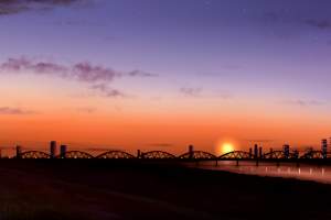 sunset, City, Bridge