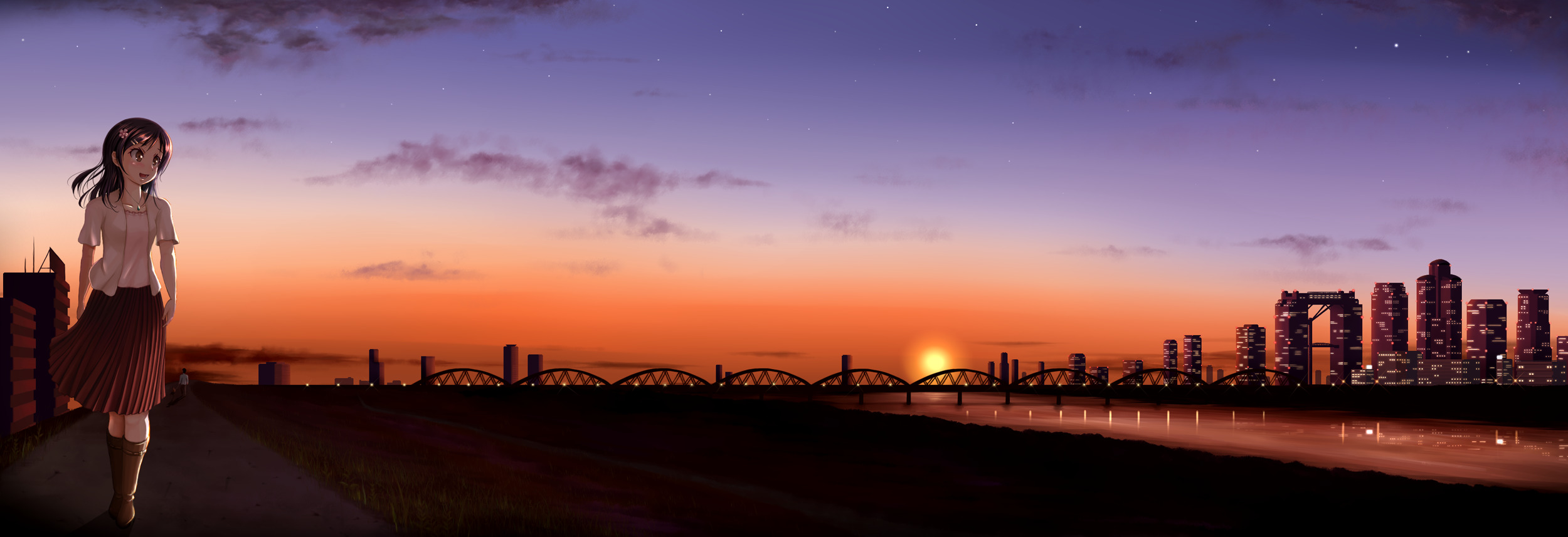 sunset, City, Bridge Wallpaper