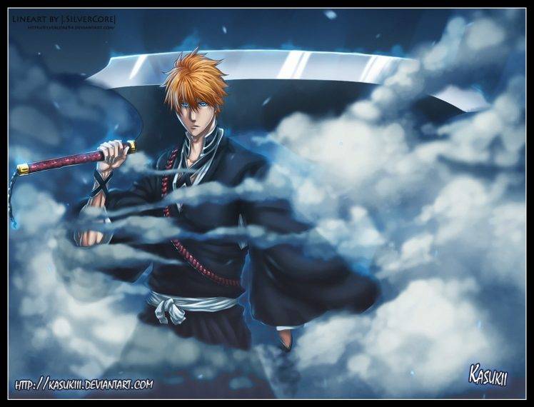 Bleach, Hollow, Sword, Kurosaki Ichigo, Clouds, Glowing Eyes, Orange Hair HD Wallpaper Desktop Background