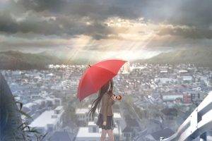 anime Girls, Umbrella, City, Alone