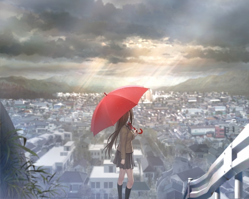  anime  Girls  Umbrella City Alone  Wallpapers  HD  Desktop 