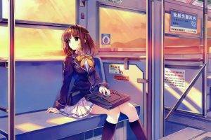 anime Girls, Alone, School Uniform, Schoolgirls, Train