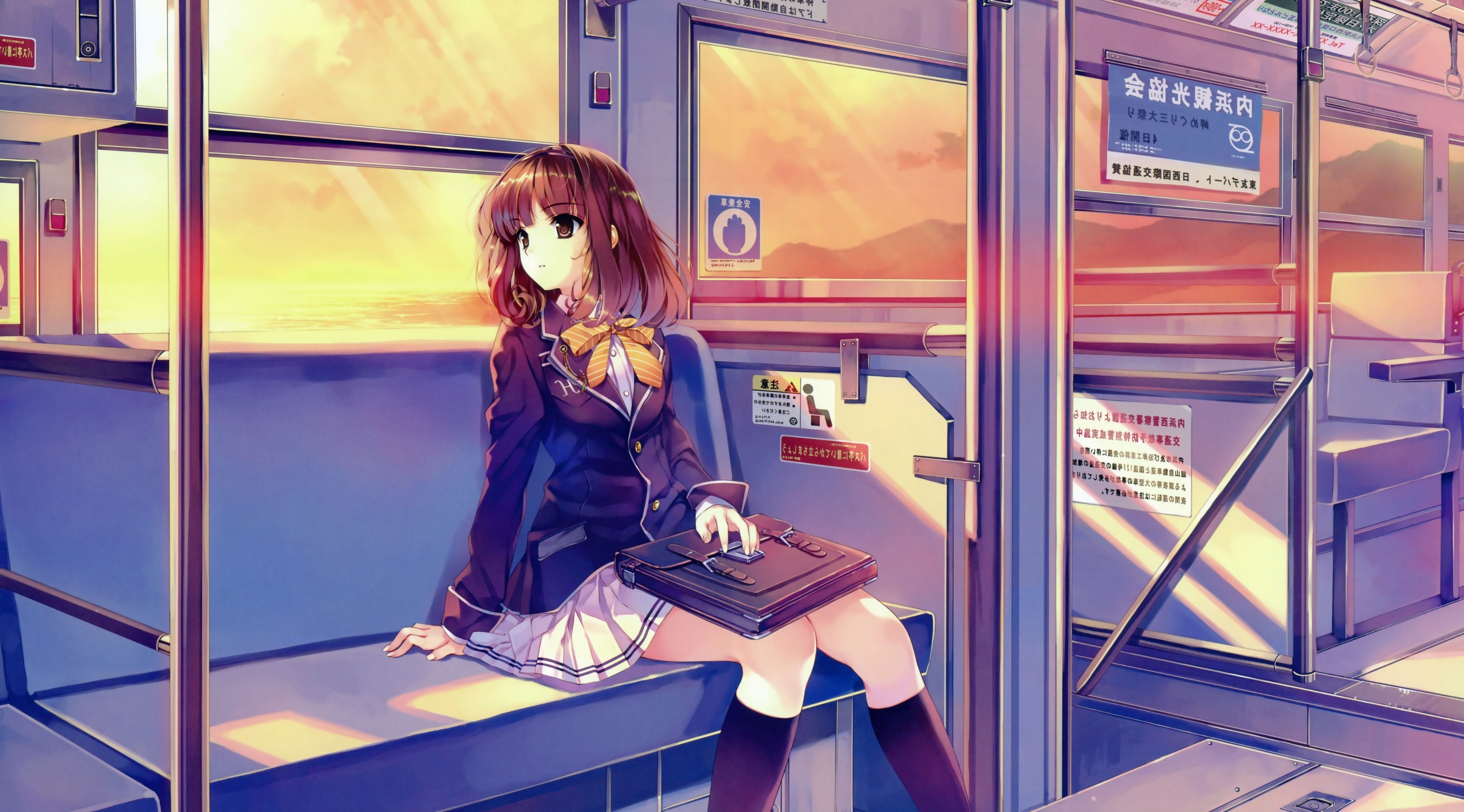 anime Girls, Alone, School Uniform, Schoolgirls, Train Wallpaper