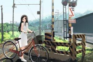 city, Bicycle, Anime Girls, Natsu No Sora, Railway Crossing