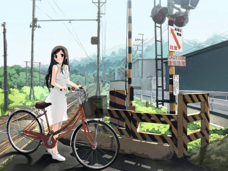 city, Bicycle, Anime Girls, Natsu No Sora, Railway Crossing HD Wallpaper Desktop Background