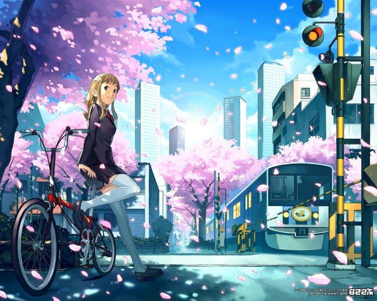anime Girls, City, Bicycle, Cherry Blossom, School Uniform, Schoolgirls