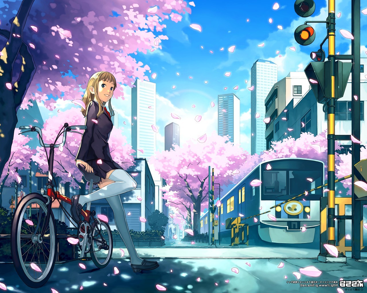 anime Girls, City, Bicycle, Cherry Blossom, School Uniform, Schoolgirls Wallpaper
