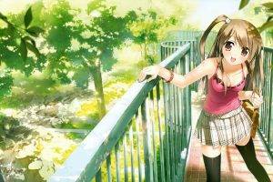 anime Girls, Schoolgirls, Bridge, Garden, Smiling