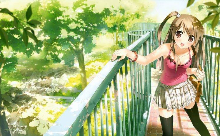 anime Girls, Schoolgirls, Bridge, Garden, Smiling HD Wallpaper Desktop Background