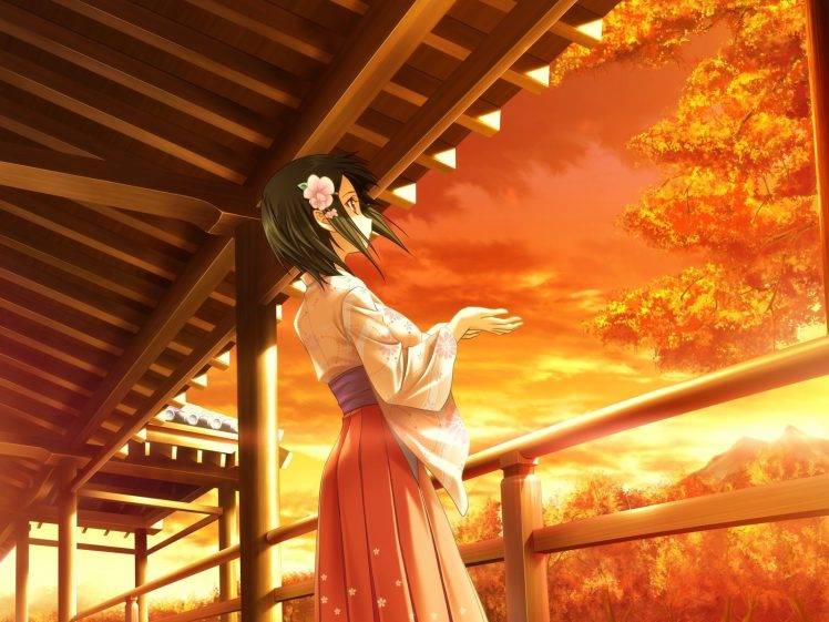 anime Girls, Sunset, Kimono, Alone HD Wallpaper Desktop Background