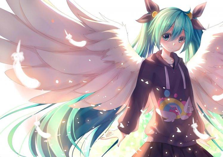 Vocaloid, Hatsune Miku, Aqua Hair, Twintails, Wings, Anime Girls, Hair Ornament, Aqua Eyes HD Wallpaper Desktop Background