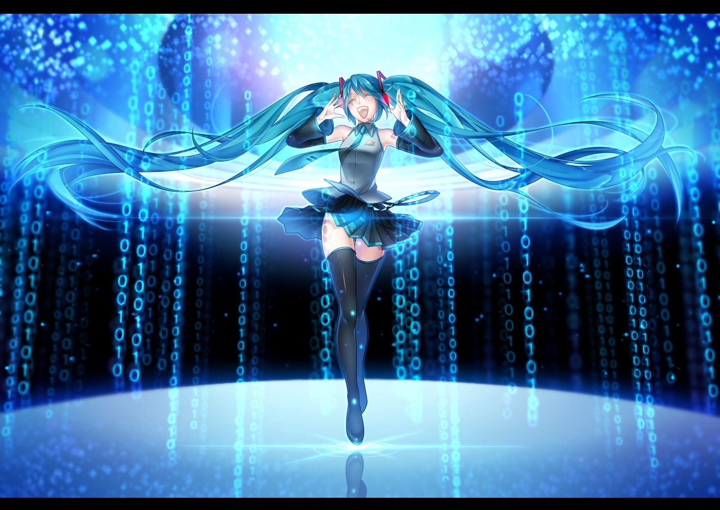 Hatsune Miku, Vocaloid, Twintails, Thigh highs, Closed Eyes Wallpaper