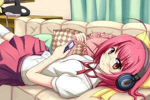 anime, Anime Girls, Schoolgirls, Headphones, Pink Hair