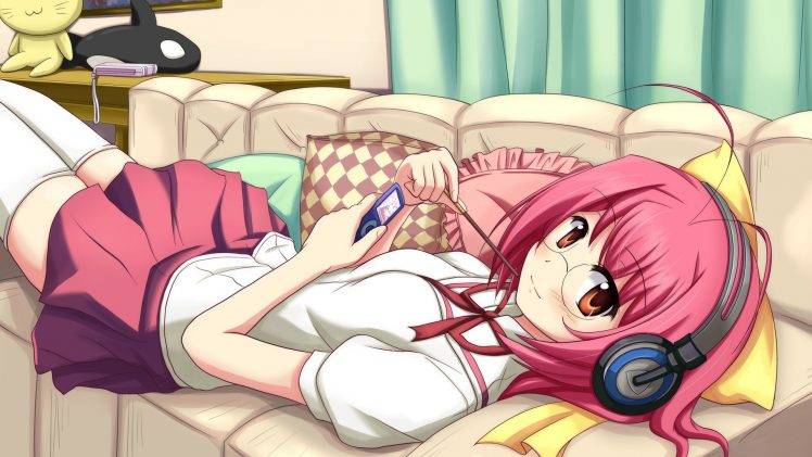 anime, Anime Girls, Schoolgirls, Headphones, Pink Hair HD Wallpaper Desktop Background