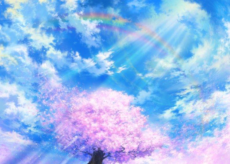 sky, Cherry Blossom, Rainbows, Sun Rays, Clouds HD Wallpaper Desktop Background