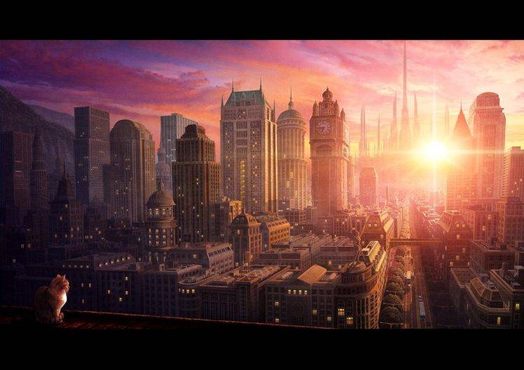 sunrise, City, Cityscape, Cat, Detailed HD Wallpaper Desktop Background