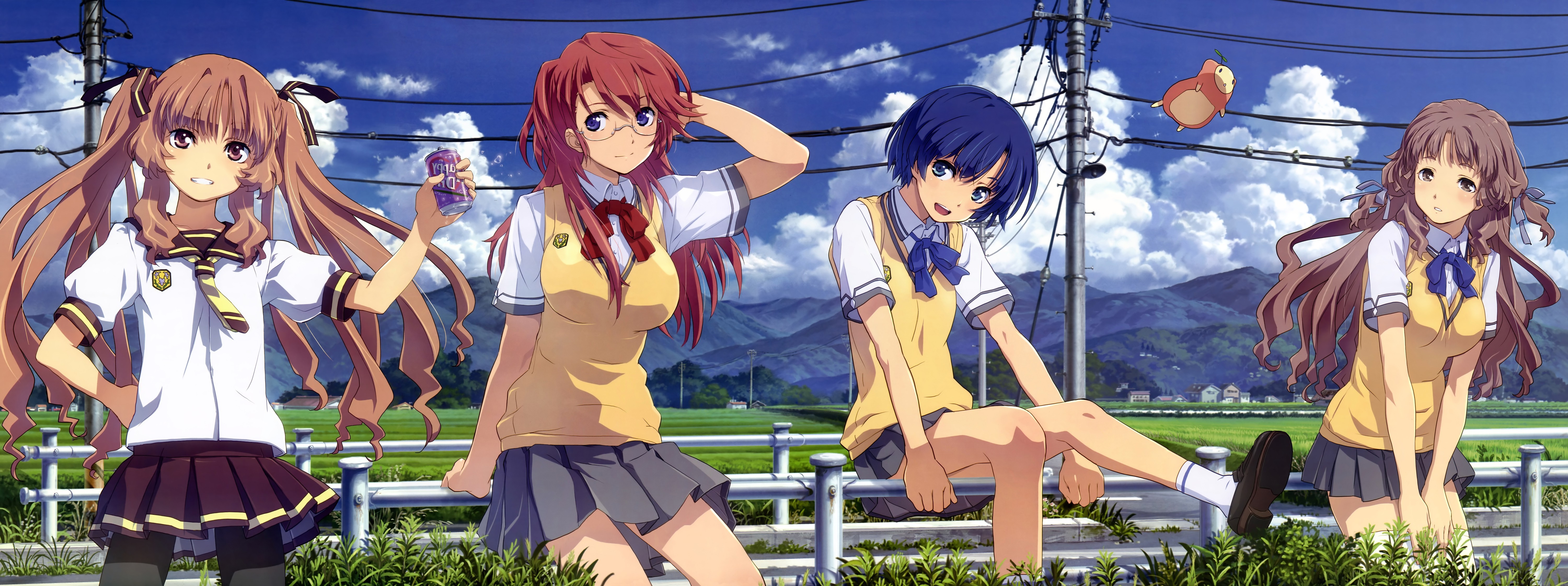 anime Girls, School Uniform, Schoolgirls, Group Of Women, Field Wallpaper