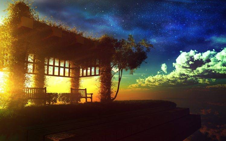 fictional, Garden, Sunset, Sky, Flying HD Wallpaper Desktop Background