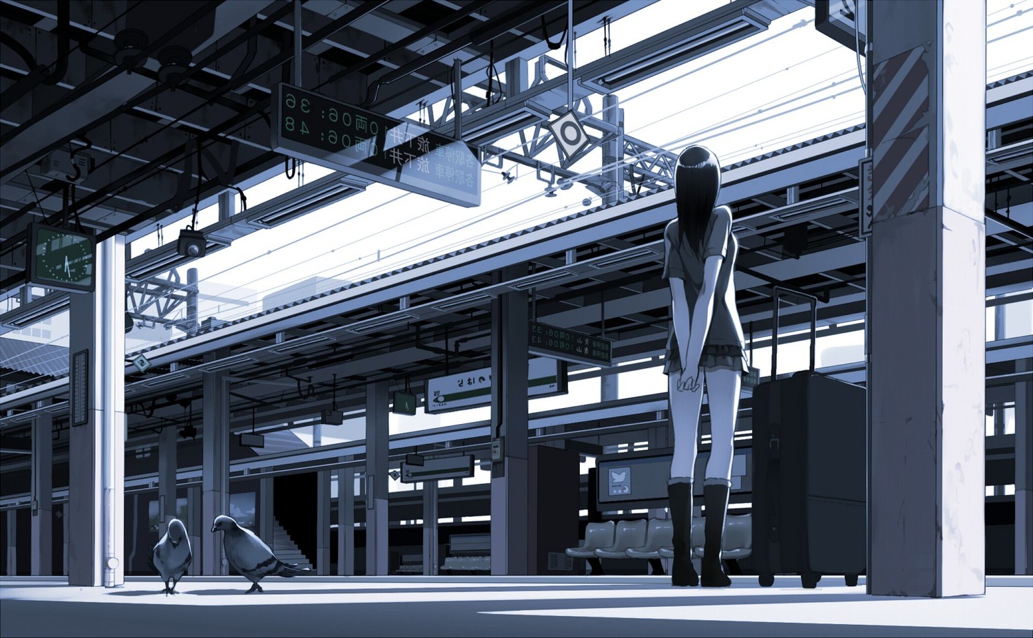 anime, Anime Girls, Waiting, Train Station, Pigeons, Original Characters Wallpaper