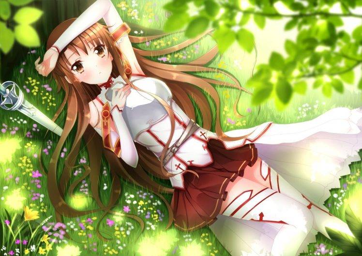 Sword Art Online, Anime, Anime Girls, Lying Down, Grass, Field, Yuuki Asuna HD Wallpaper Desktop Background