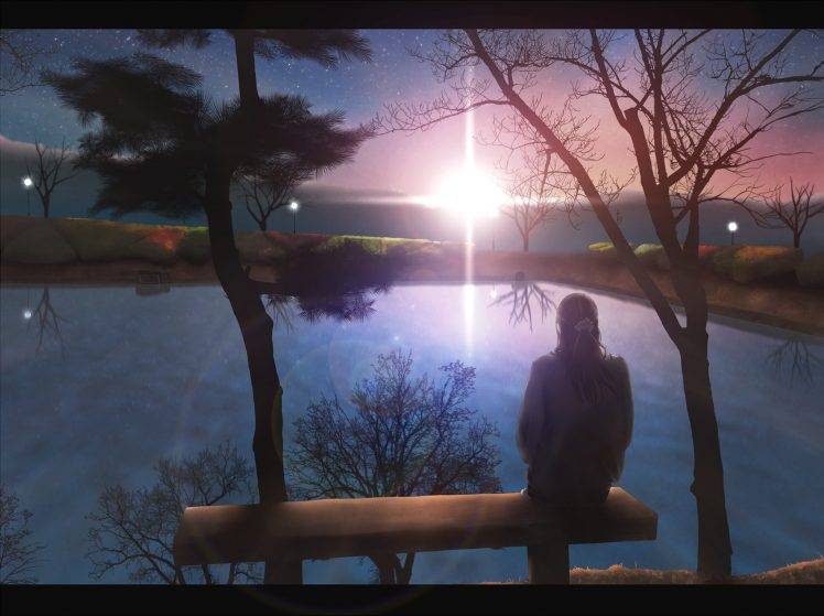 anime, Anime Girls, Sitting, Alone, Lake, Sunset, Original Characters HD Wallpaper Desktop Background