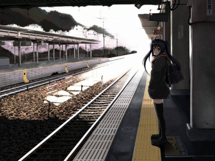 anime, Anime Girls, Schoolgirls, Waiting, Train Station, Original Characters HD Wallpaper Desktop Background