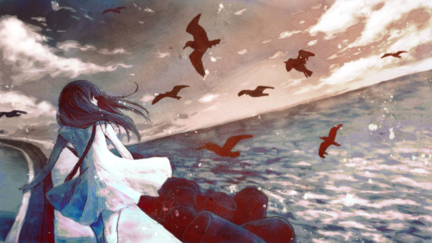 sea, Seagulls, Anime, Anime Girls, Alone Wallpaper