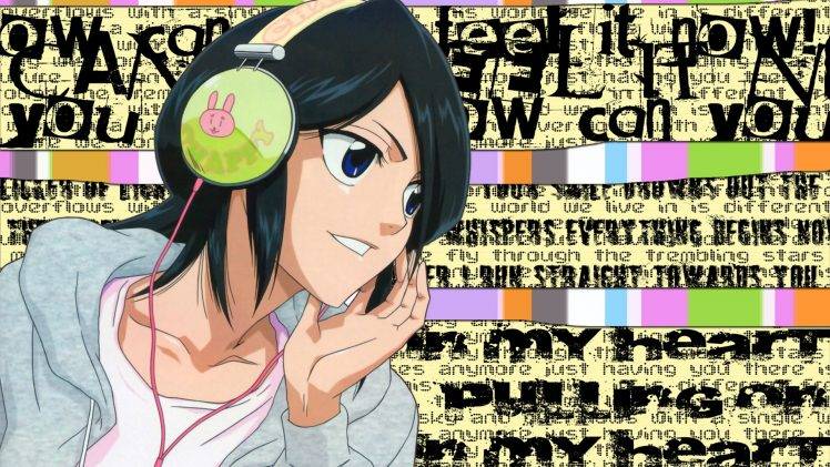 Bleach, Typography, Kuchiki Rukia, Headphones, Anime Girls HD Wallpaper Desktop Background