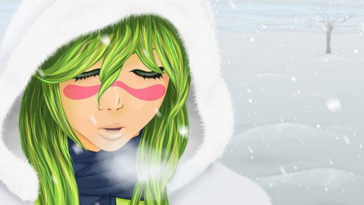 anime, Bleach, Nelliel Tu Odelschwanck, Snow, Green Hair, Hoods, Fur, Winter, Closed Eyes HD Wallpaper Desktop Background