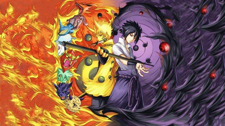 Rinnegan, Naruto Shippuuden, Uchiha Sasuke, Uzumaki Naruto, Anime Boys, Manga, Sharingan, Fire, Bijuu HD Wallpaper Desktop Background