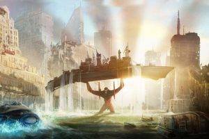 Neon Genesis Evangelion, EVA Unit 02, Boat, City, Anime, Ship, Destruction, Cityscape, Robot, Sunlight, Water