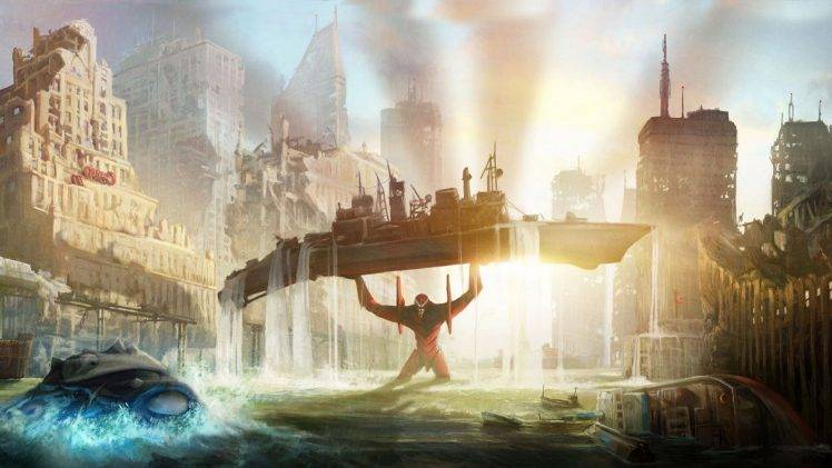 Neon Genesis Evangelion, EVA Unit 02, Boat, City, Anime, Ship, Destruction, Cityscape, Robot, Sunlight, Water HD Wallpaper Desktop Background