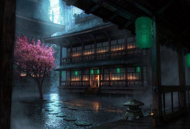 rain, Building, Cherry Blossom, The Secret World HD Wallpaper Desktop Background