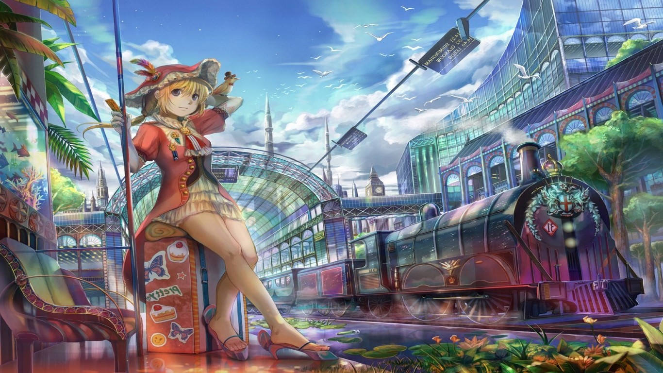 anime, Train Station, Railway, Train, Birds, Skyscraper Wallpaper