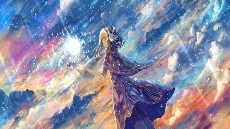anime, Rain, Clouds, Sky, Headphones HD Wallpaper Desktop Background