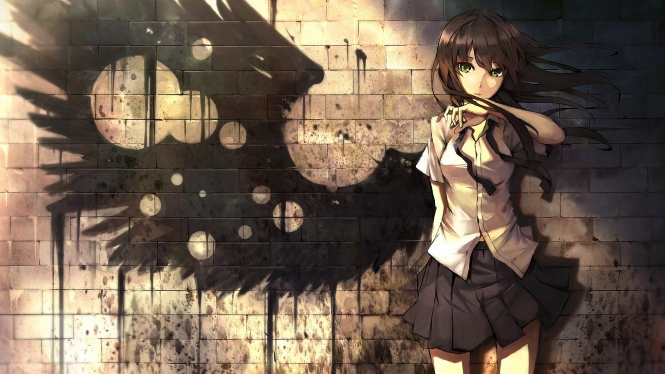 anime, Wings, Bricks, Skirt, Graffiti Wallpaper