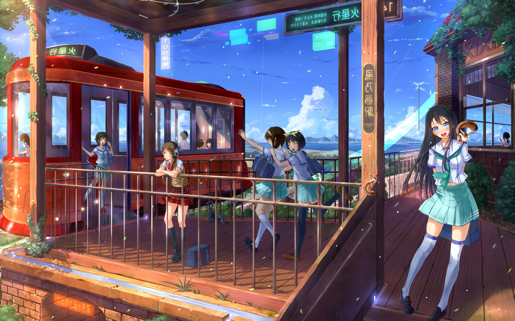 anime, Anime Girls, Train Station, Schoolgirls Wallpaper
