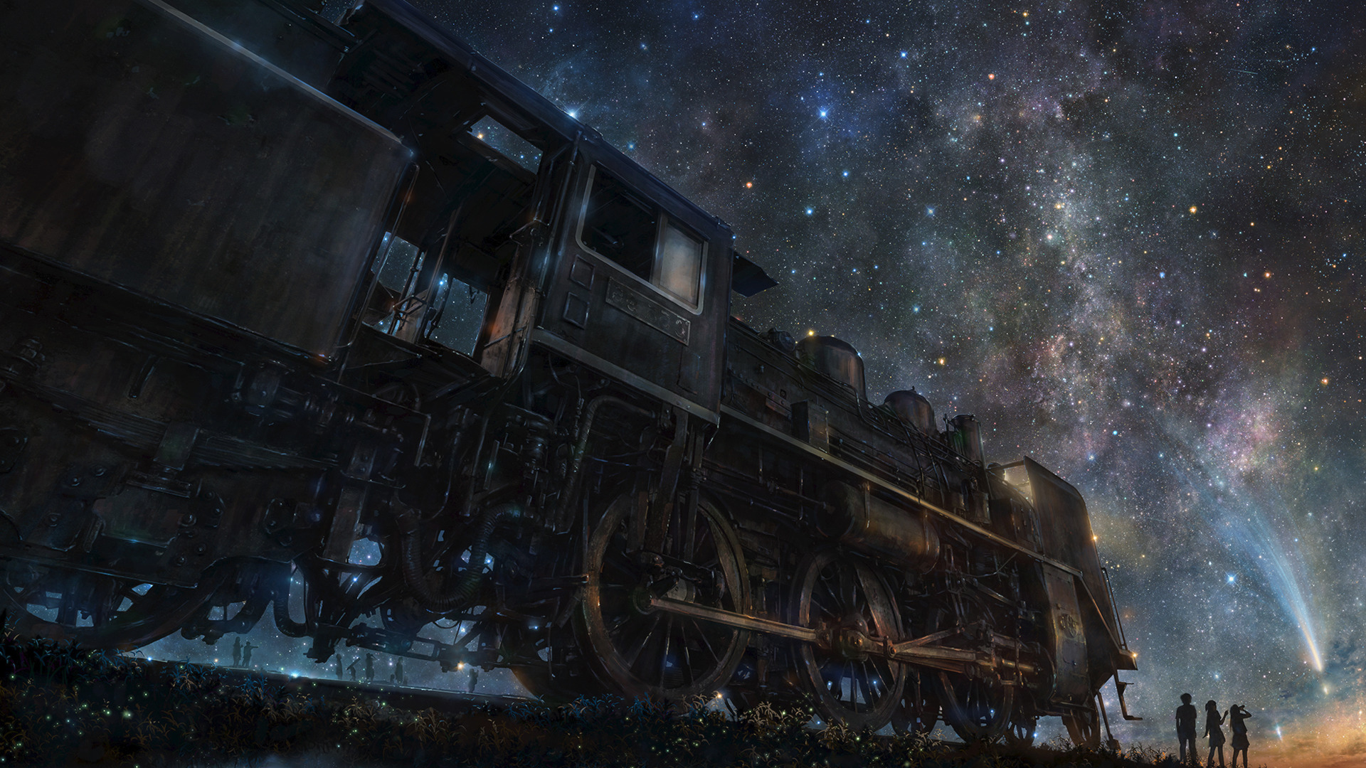 train, Railway, Night, Stars, Group Of People Wallpaper