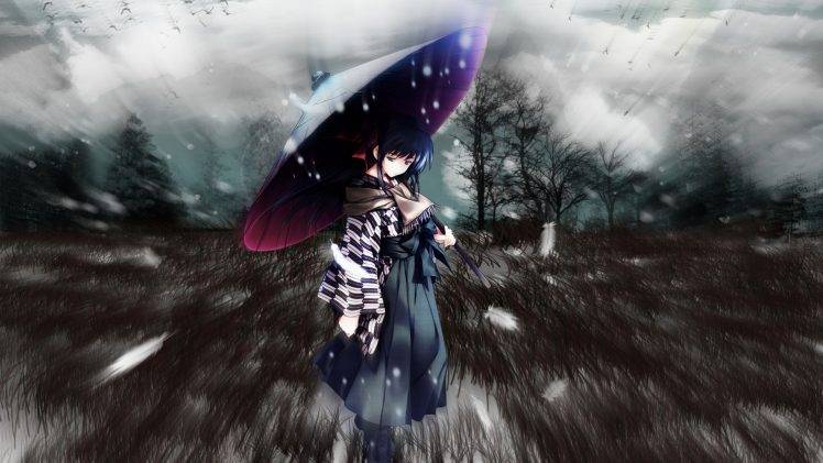snow, Trees, Umbrella, Feathers, Grass, Anime Girls, Blue Hair, Blue Eyes, Cartagra, Kouzuki Kazuna HD Wallpaper Desktop Background