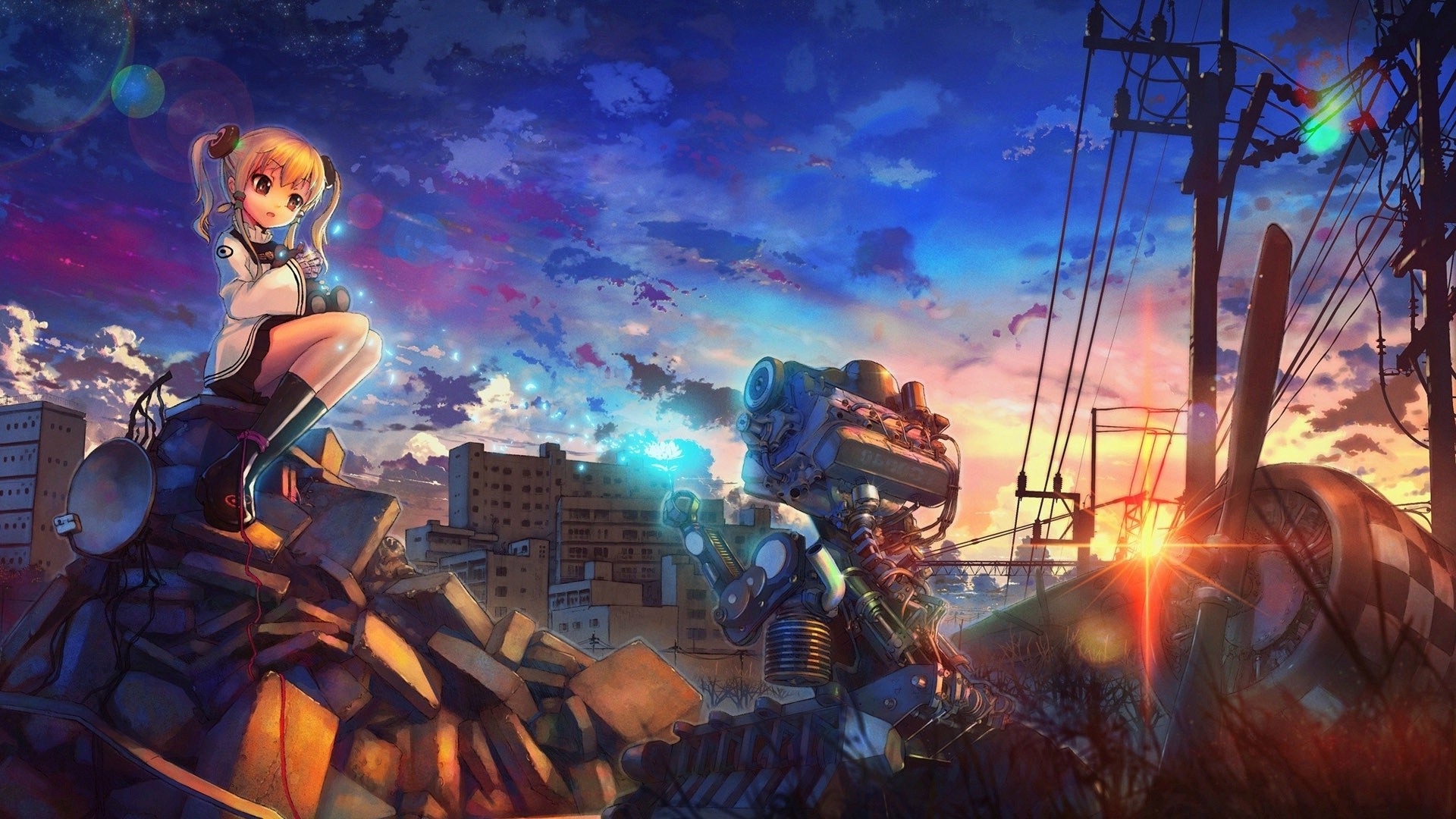 37984 anime artwork anime_girls city destruction engines power_lines sunset utility_pole