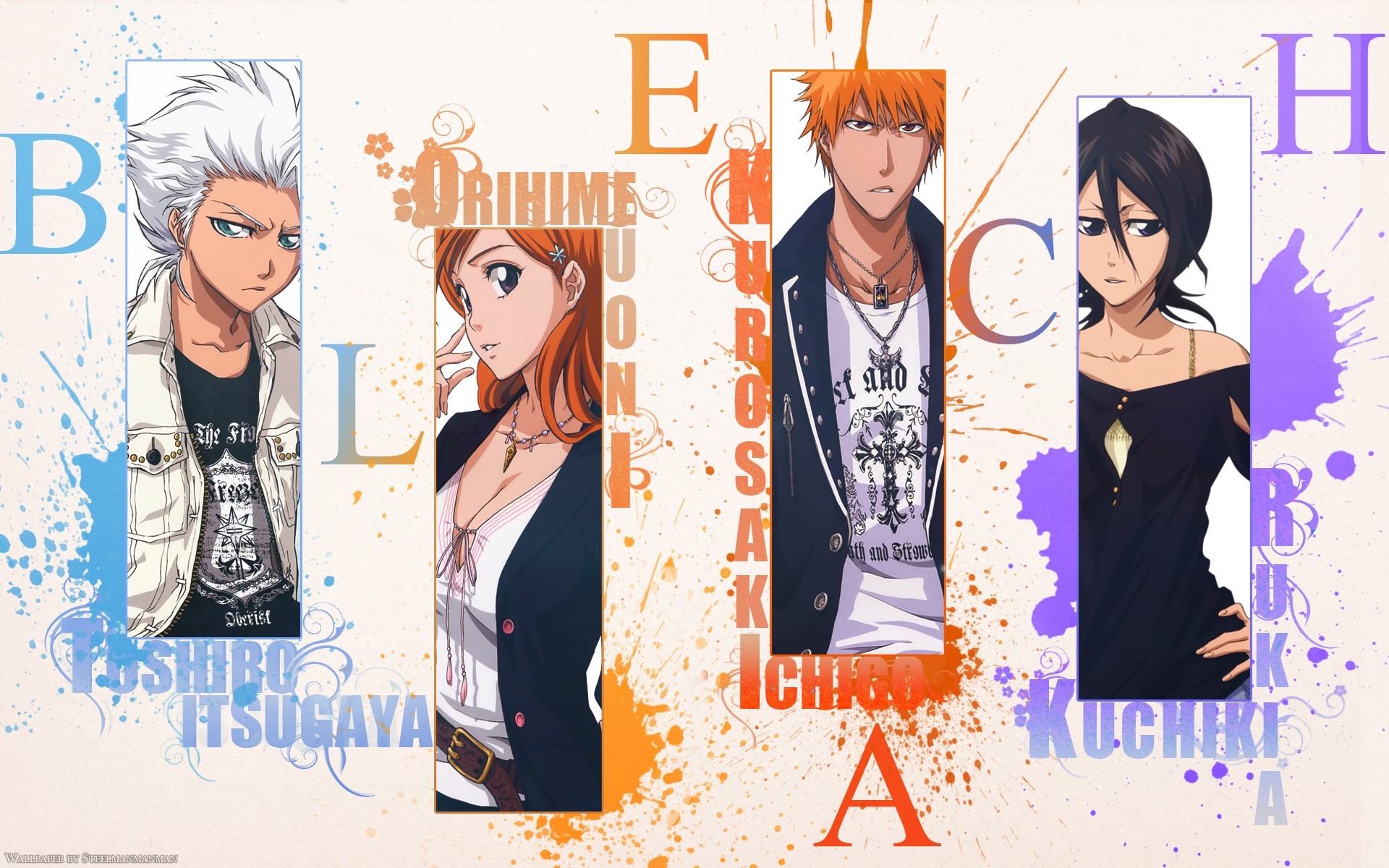 anime, Bleach, Kuchiki Rukia, Kurosaki Ichigo, Inoue Orihime, Hitsugaya Toshiro, Typography, Paint Splatter Wallpaper