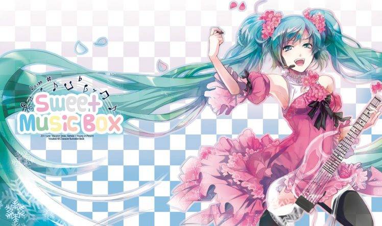 Hatsune Miku, Blue Hair, Anime, Vocaloid, Guitar, Twintails, Ribbon HD Wallpaper Desktop Background