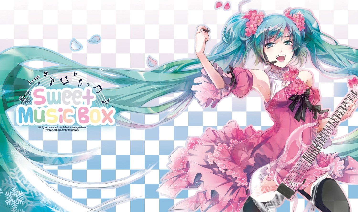 Hatsune Miku, Blue Hair, Anime, Vocaloid, Guitar, Twintails, Ribbon Wallpaper