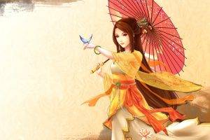 anime Girls, Umbrella, Butterfly, Digital Art