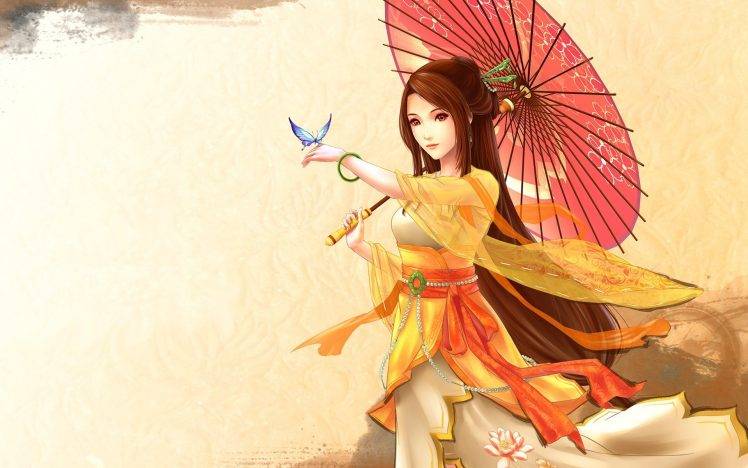 anime Girls, Umbrella, Butterfly, Digital Art HD Wallpaper Desktop Background