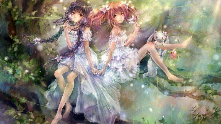 Mahou Shoujo Madoka Magica, Kaname Madoka, Akemi Homura, Dress, Flowers, Trees HD Wallpaper Desktop Background