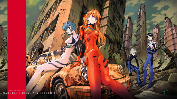 Neon Genesis Evangelion, Asuka Langley Soryu, Ayanami Rei, Ikari Shinji, Kaworu Nagisa, Car, Ruin, Anime, Women With Cars HD Wallpaper Desktop Background